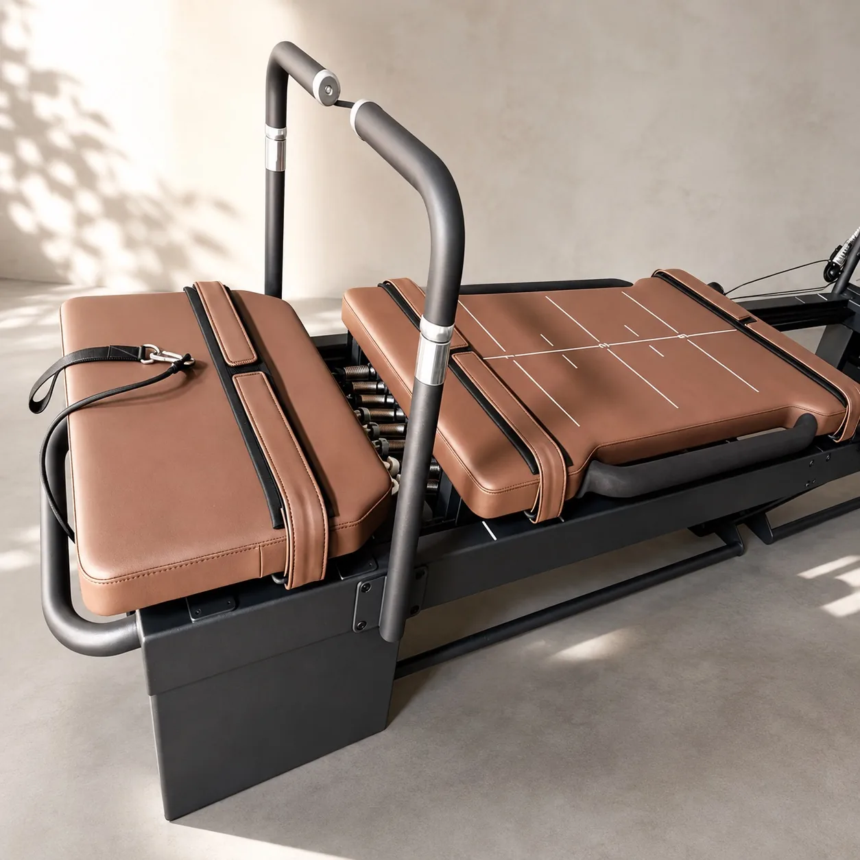 Carriage One commercial reformer with dark brown upholstery in studio light