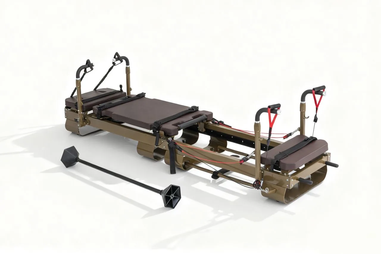 Carriage One commercial reformer with an olive frame and brown upholstery