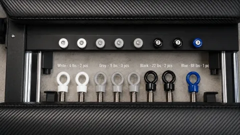 Carriage One color-coded spring tension bank against a neutral floor