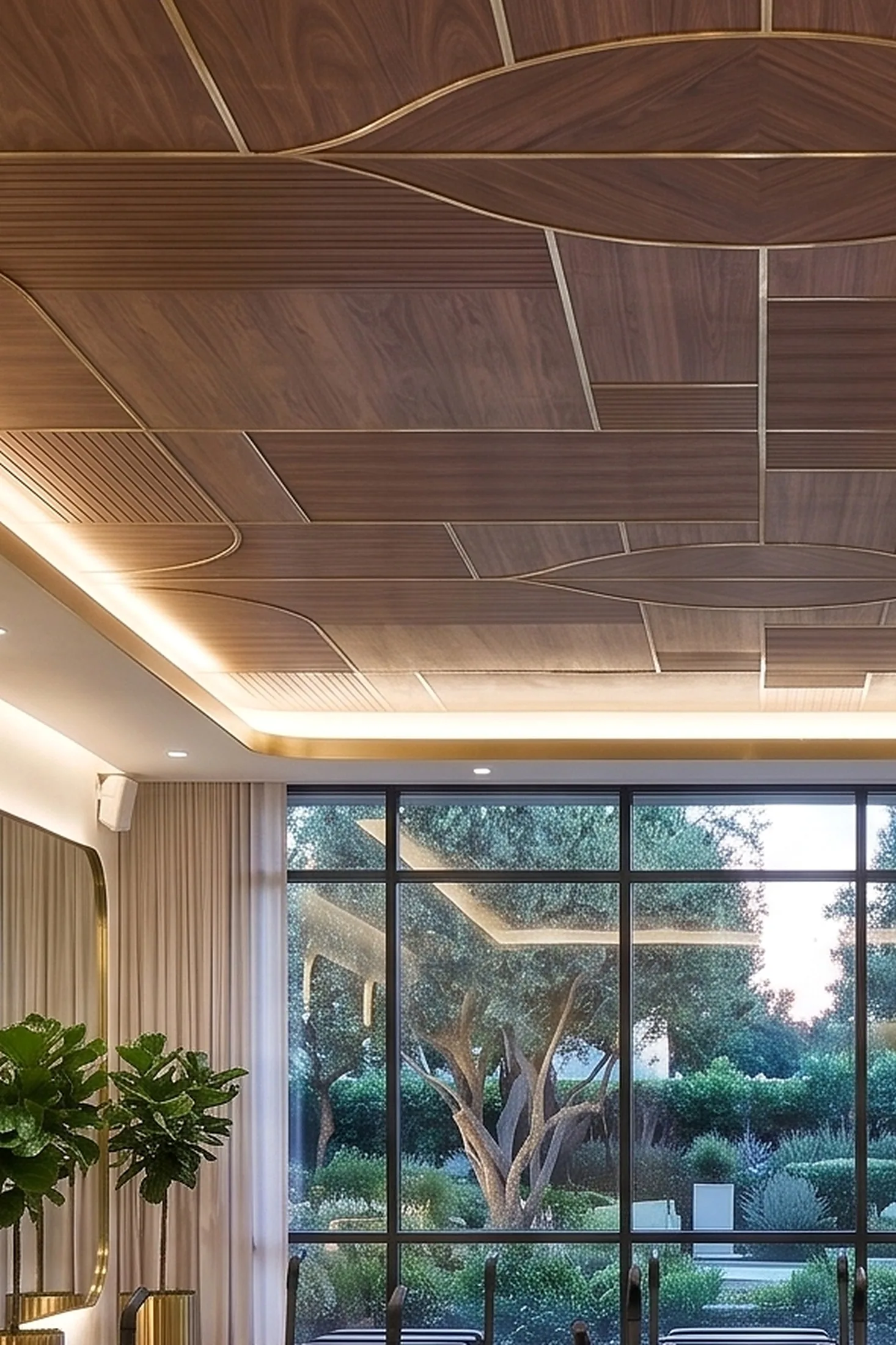 High-end studio interior with a wood ceiling and a row of commercial reformers